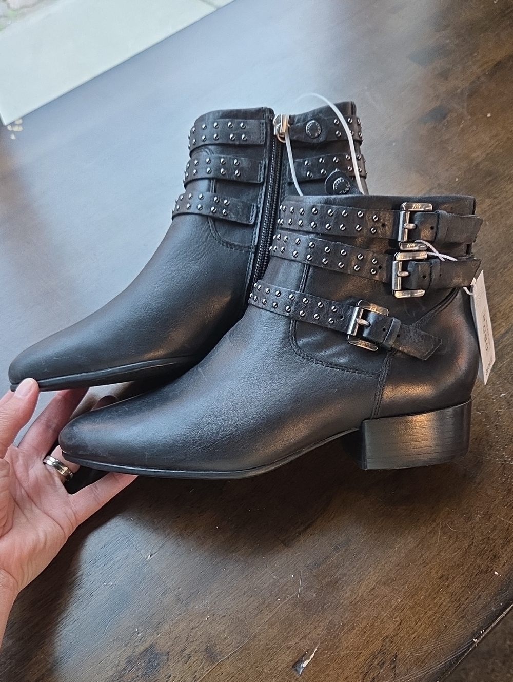 Geox Size 8 Studded Black Leather Ankle Boots with Buckle Straps NEW